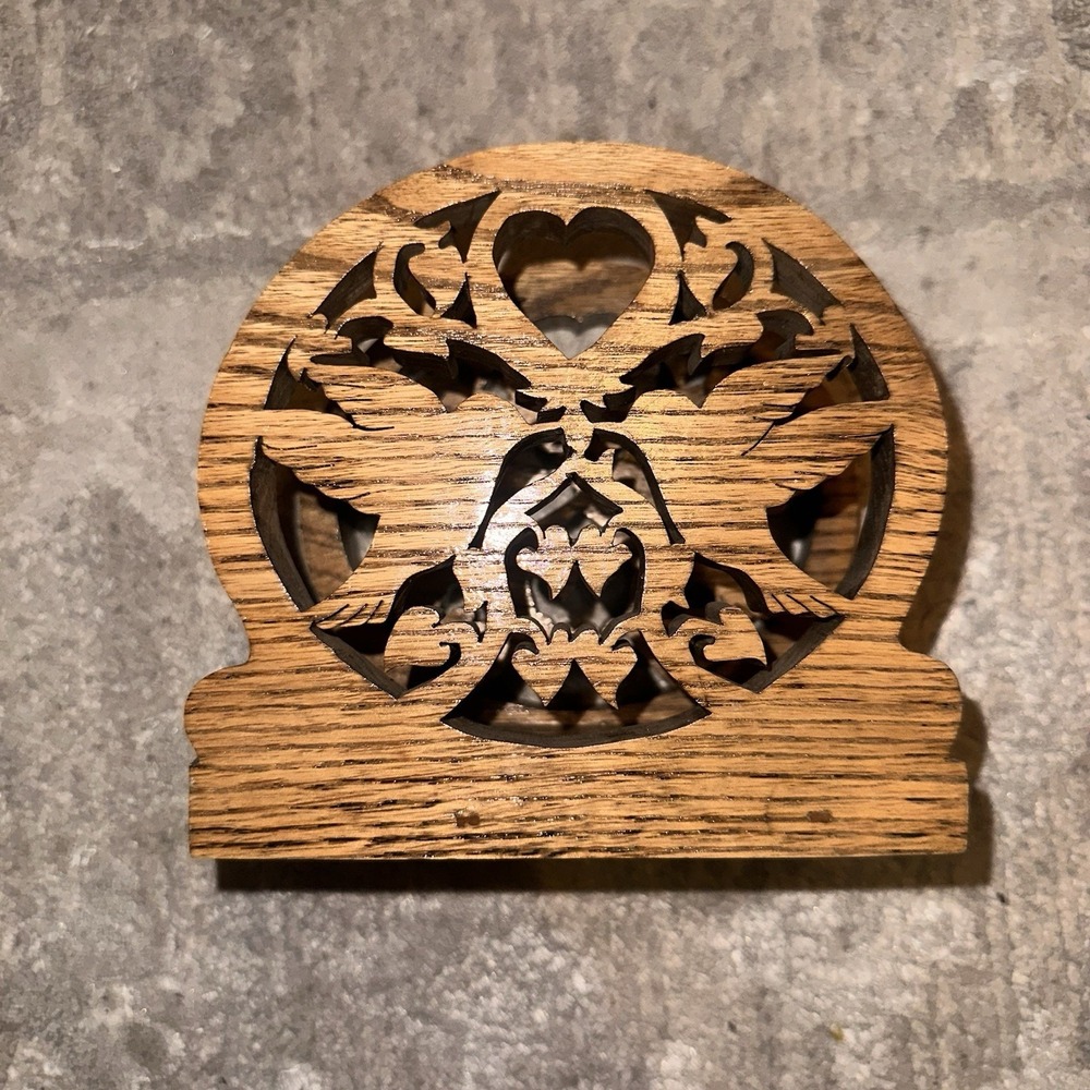 Cottagecore Rustic Oak Scroll Saw Decor Heart Dove Wood Napkin Holder Vintage